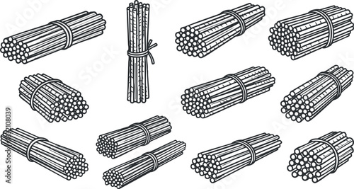 A set of bundled sticks and twigs in minimalist line art vector style, suitable for nature-themed designs and crafting projects