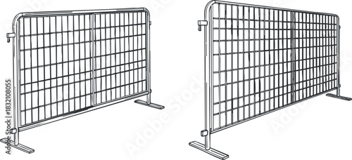 A set of metal grid barriers in outline vector style, ideal for construction sites and crowd control applications
