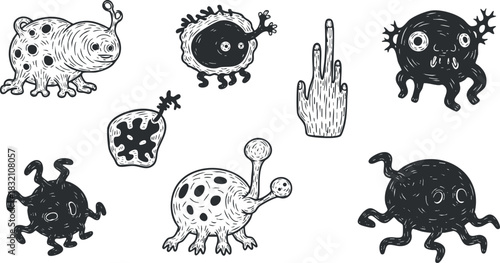 A set of quirky cartoon monsters and germs in playful black and white hand-drawn vector style, ideal for children's book illustrations