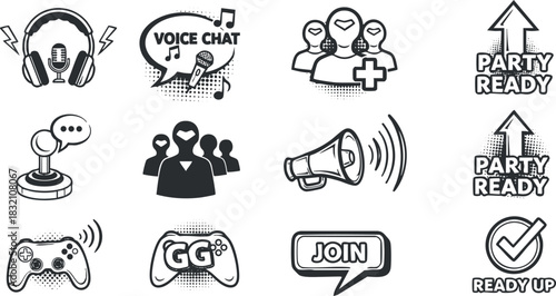 A collection of gaming and voice chat icons in black and white vector style, ideal for online gaming platforms and community branding