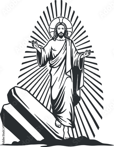 A depiction of Jesus Christ resurrected with rays of light in a bold, black and white vector style, ideal for religious artwork and spiritual themes