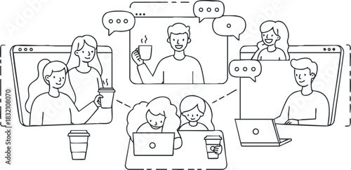 A group of people engaging in a virtual meeting with laptops and coffee cups in an outline vector style, ideal for digital communication themes