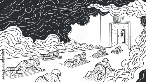A scene depicting people crawling towards an exit door amidst chaotic smoke in black and white illustrative style, suitable for discussions on emergency situations