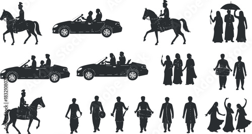 A collection of silhouettes featuring horses, cars, and people in various poses and activities, in a black and white vector style, ideal for cultural and event illustrations