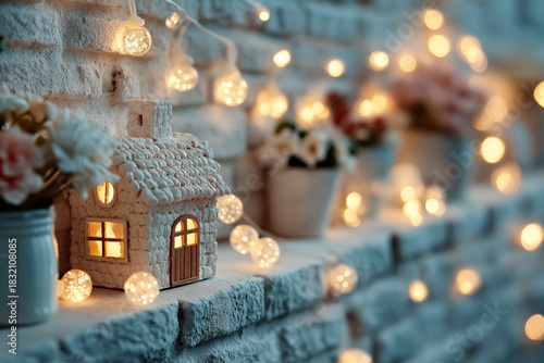 Maison de Noël miniature lumineuse sur une tablette en brique blanche, entourée de guirlandes lumineuses, de fleurs pastel et d'une ambiance hivernale chaleureuse