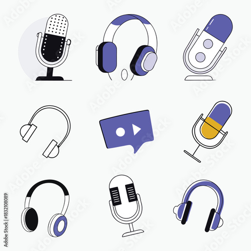 Podcast, Audio Recording, and Headphone Vector Icons