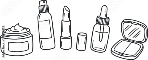 A collection of skincare and cosmetic products including cream, spray, lipstick, and serum in clean outline vector style, ideal for beauty brand designs