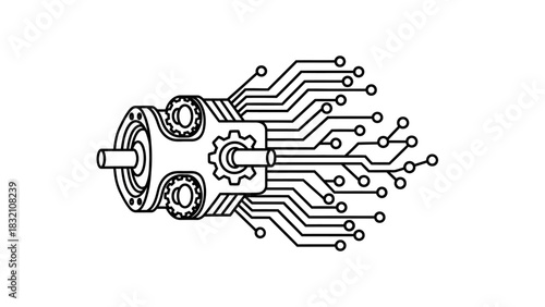 Digital mechanics concept with circuit board and integrated gears.