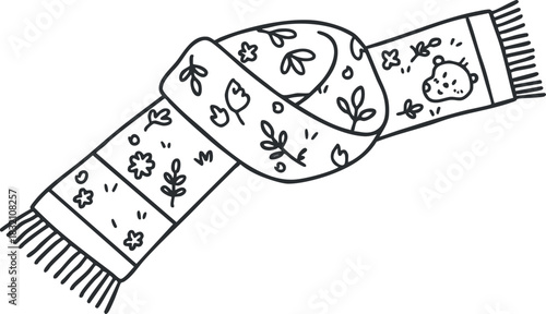 A hand-drawn illustration of a patterned scarf with floral designs in a minimalist black and white style, perfect for fashion and textile projects