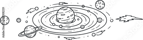 A collection of planets including rings in black and white line art vector style, ideal for educational and scientific designs