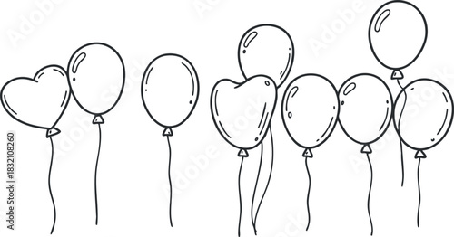 A collection of balloons in various shapes, including heart and round, illustrated in a simple black outline vector style, ideal for party and celebration designs