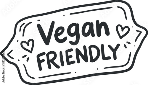 A hand-drawn 'Vegan Friendly' label in black and white outline style, suitable for eco-friendly products and marketing