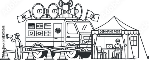 A mobile command post vehicle with communication equipment alongside a tent setup in black and white outline vector style, ideal for emergency management and safety operations
