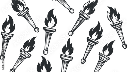A collection of stylized torches with flames in black and white vector style, suitable for celebration and event designs
