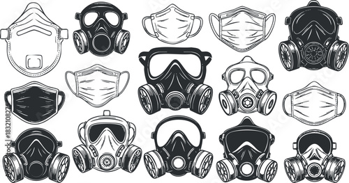 A collection of various masks including gas masks and face masks in detailed black and white vector style, suitable for health and safety illustrations