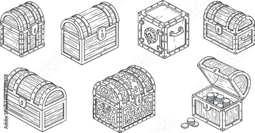 A collection of six treasure chests in detailed outline vector style, ideal for fantasy game designs and adventure themes