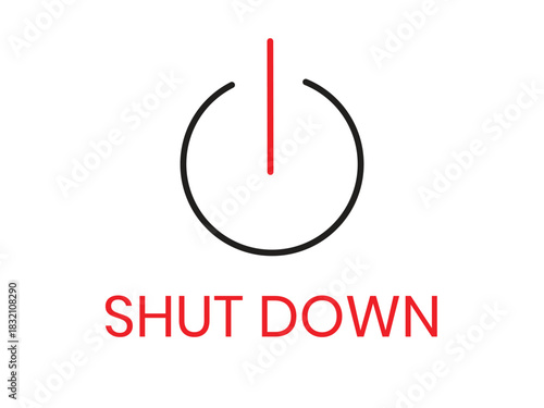 Shutdown power symbol with bold red text on clean white board