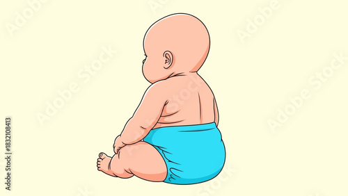 Adorable baby sits in a blue diaper, viewed from behind as an illustration.