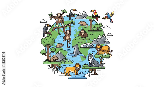 Colorful illustration of Earth with diverse animals representing global wildlife and ecosystems.