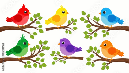 Colorful Cartoon Birds on Branches with Green Leaves