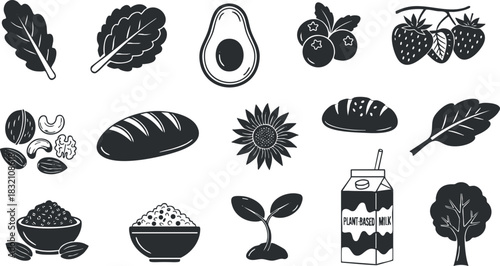 A collection of healthy food icons including fruits, vegetables, grains, and plant-based milk in black and white vector style, suitable for wellness and nutrition projects.