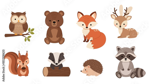 Adorable cartoon forest animals set on white background.