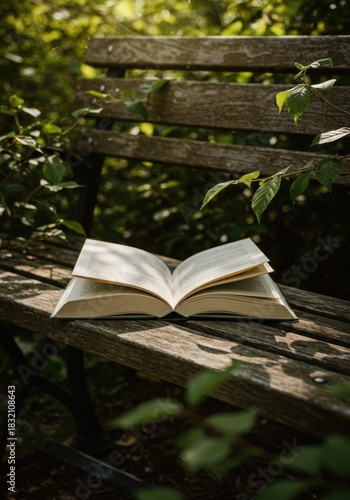 Open Book on Wooden Park Bench in Summer Sunlight