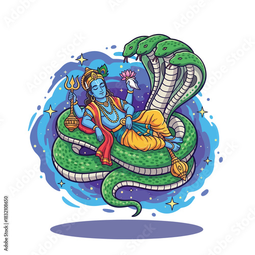 Illustrative depiction of Vishnu reclining on Shesha, a powerful three headed serpent, amidst a starry nebula, serene divine art