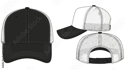 Black and white trucker cap design vector illustration with front, side, and back views.