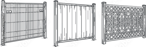 A collection of three different fence designs including wooden, metal, and decorative styles in outline vector format, ideal for landscaping and home improvement projects