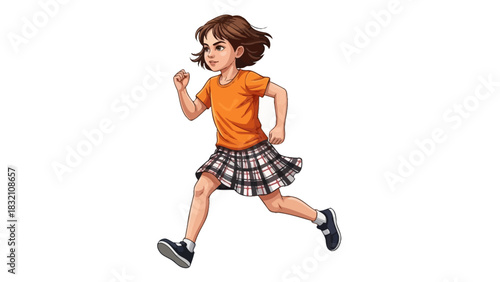 Energetic young girl running in a vibrant cartoon illustration.