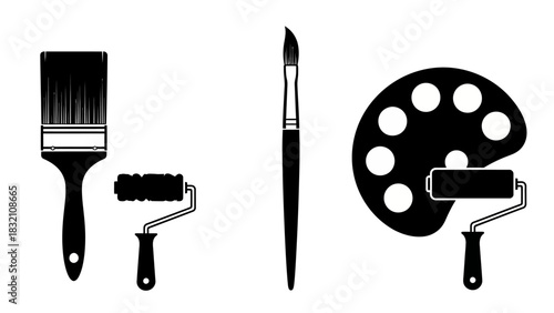 Collection of black silhouette painting tools and art supplies icons.