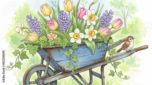 Spring garden scene with a bird on a wheelbarrow full of flowers.