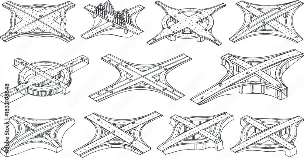Fototapeta premium A set of architectural bridge design illustrations in detailed outline vector style, suitable for engineering projects and technical presentations