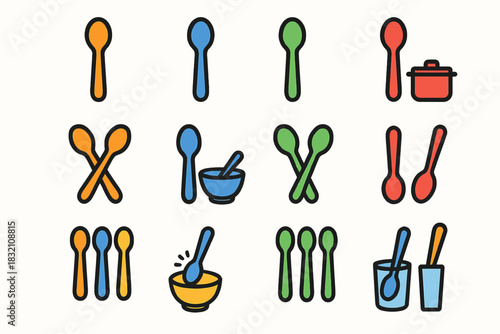 Colorful spoon and kitchen utensil icons set for cooking and dining