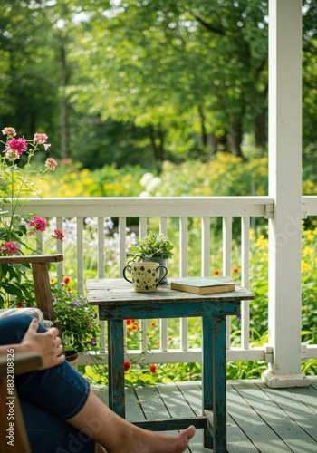 Woman Relaxing on Porch with Flowers and Garden View