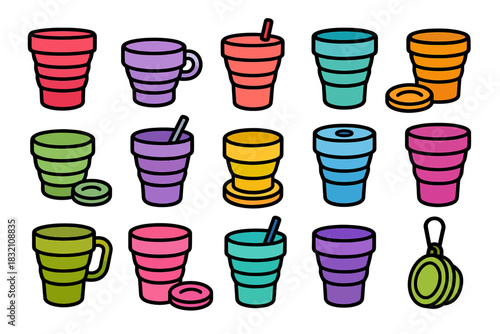 Colorful collapsible cups and lids collection with varied designs