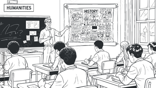 A classroom scene with a teacher presenting a history lesson to engaged students in black and white outline vector style, ideal for educational materials