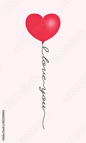 A red heart-shaped balloon on a string with the phrase I love you written on it