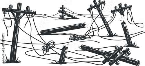 A collection of broken utility poles and tangled wires in black and white outline vector style, suitable for infrastructure illustrations and graphic design