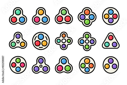 Colorful geometric fidget spinner set with various shapes and patterns