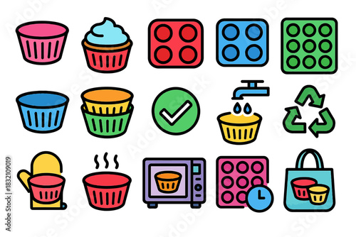 Colorful muffin icons with baking, recycling, and cooking symbols