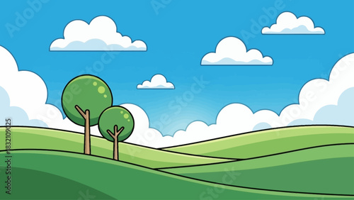 Stylized rolling hills with trees under a blue sky with clouds