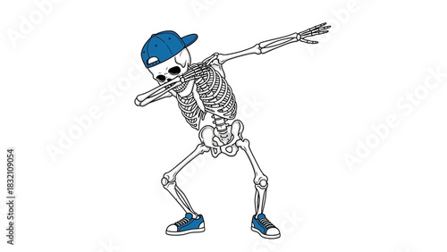 Skeleton dabbing with a baseball cap and sneakers.