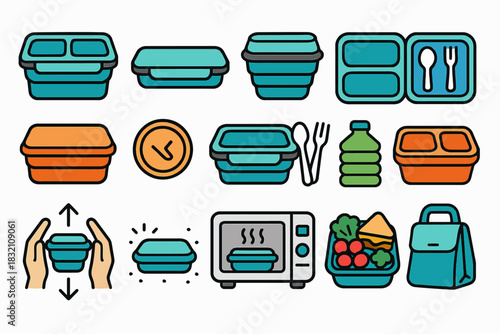 Colorful bento lunchbox icons with food, utensils, and microwave