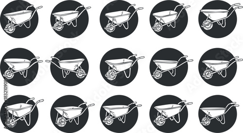 A set of wheelbarrows in black and white outline vector style, ideal for gardening and landscaping projects