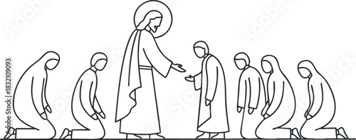 A line art illustration of Jesus interacting with kneeling worshippers in a minimalist style, suitable for religious themes and spiritual projects