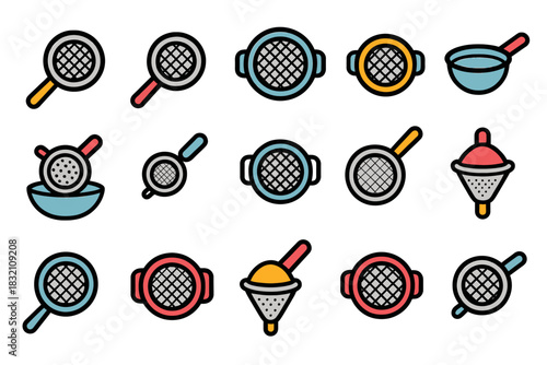 Colorful collection of kitchen strainers with various designs and handles