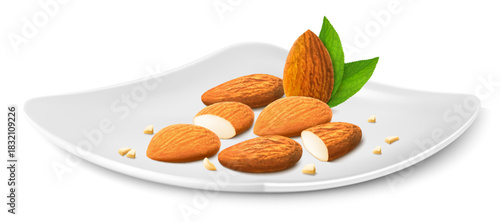 Almond on a white porcelain plate. Whole and half almond isolated on white background. Peeled dried or fried nuts. Almond kernels are ripe and tasty, a source of protein. 3d vector illustration.