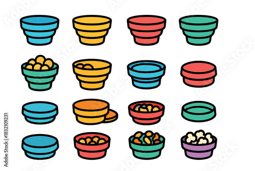 Colorful stacked bowls with popcorn and snacks on white background